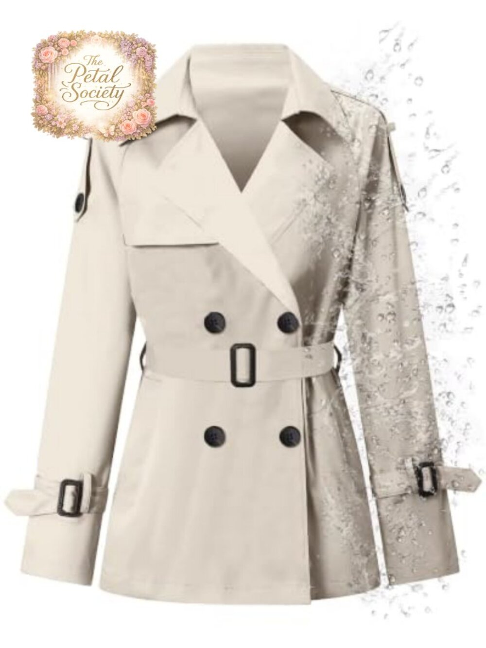Women's Water-repellent Double Breasted Belted Short Trench Coat